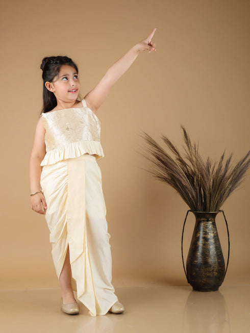 Girl's Gold Draped Skirt With Crop Top